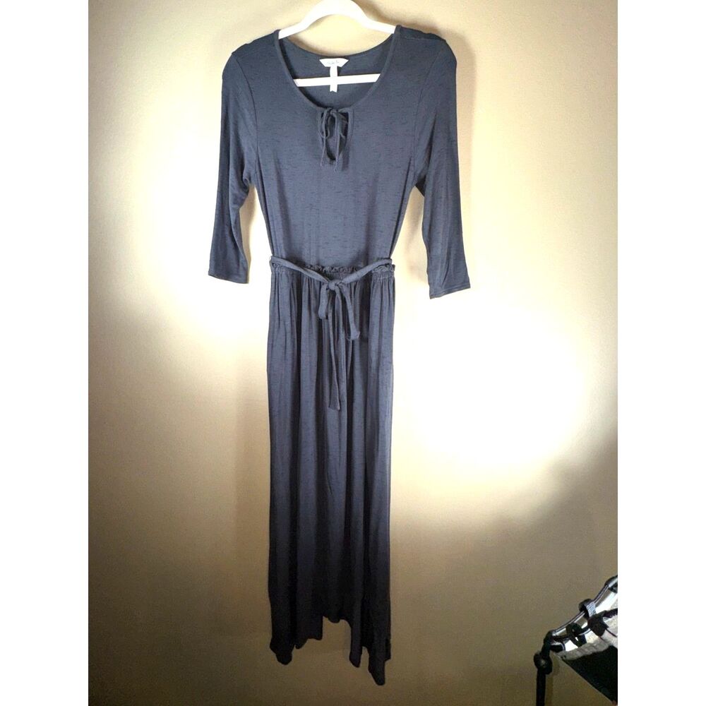 Matilda Jane Gray long dress with 3/4 sleeves and a belt.